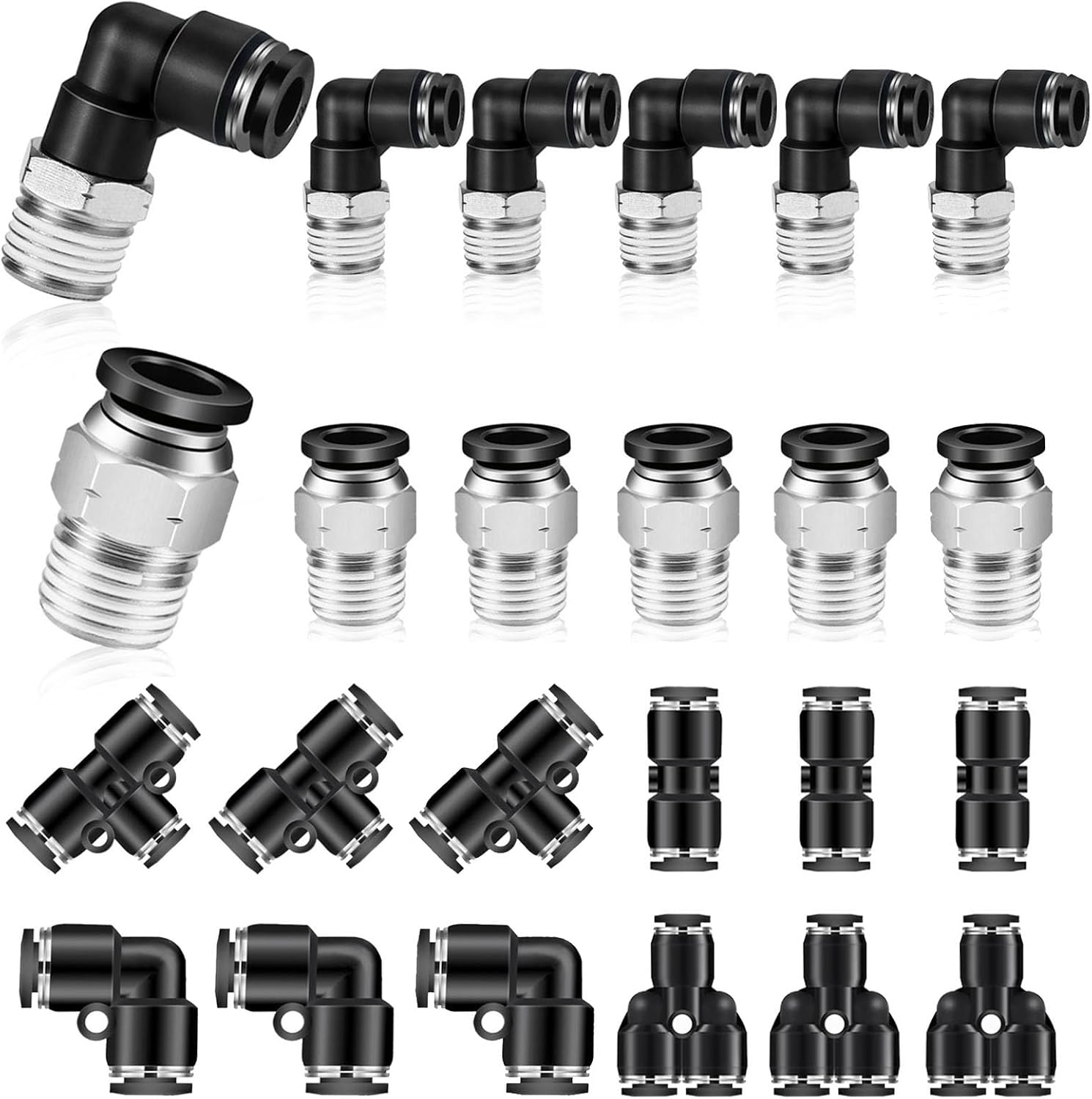 Push to Connect Fittings kits,10mm Tube OD x 1/4 Inch NPT Thread Male Elbow and Straight Pneumatic Quick Connect Air Hose Fitting kits Tube Fittings Air Fittings 24Pcs
