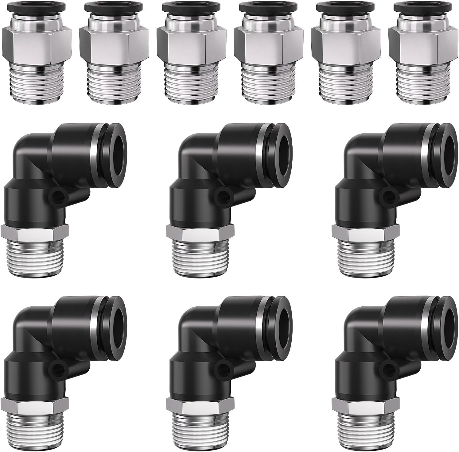 5/16" 8mm Tube OD to 1/4" NPT Thread Push to Connect Fittings,Pneumatic Quick Air Hose Fittings,Male Straight + Elbow,PC+PL(12pcs)
